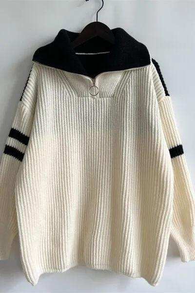Quarter Zip Striped Dropped Shoulder Sweater - Trendsi - Flyclothing LLC