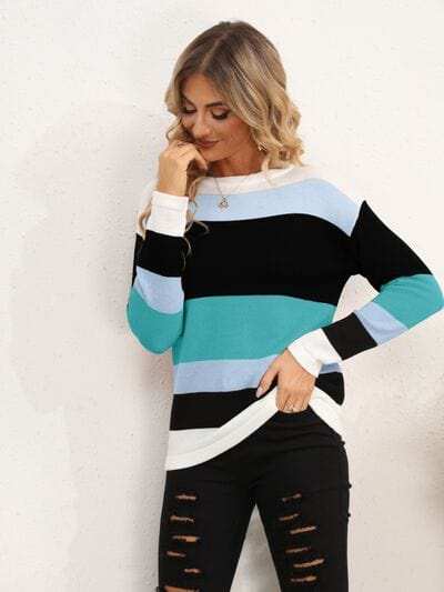 Striped Round Neck Dropped Shoulder Sweater - Trendsi - Flyclothing LLC