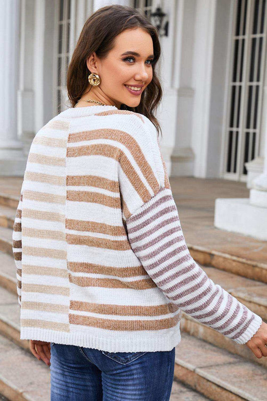 Striped Round Neck Dropped Shoulder Sweater - Trendsi - Flyclothing LLC