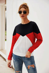 Color Block Round Neck Long Sleeve Top - Trendsi