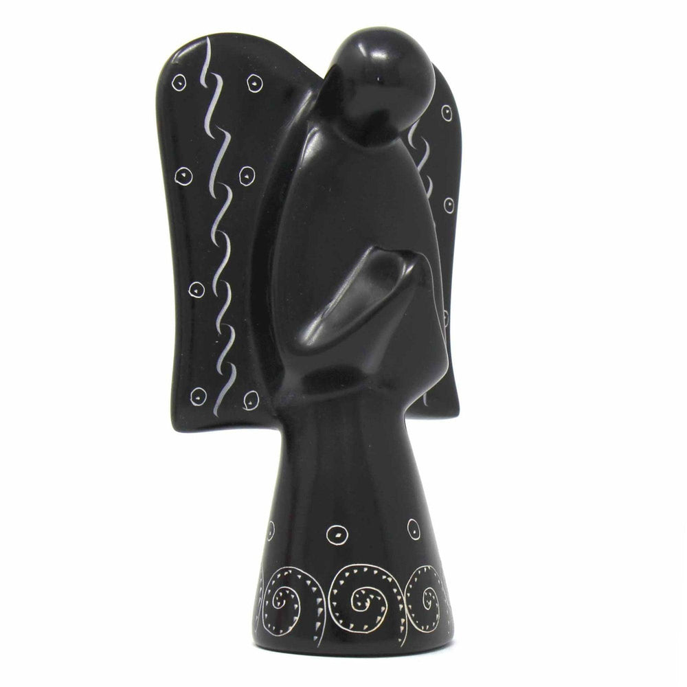 Soapstone Angel Sculpture - Black Finish with Etch Design - SMOLArt