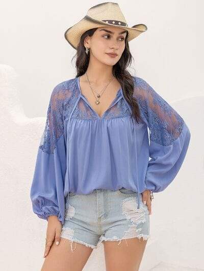 Lace Detail Tie Neck Balloon Sleeve Blouse - Trendsi - Flyclothing LLC