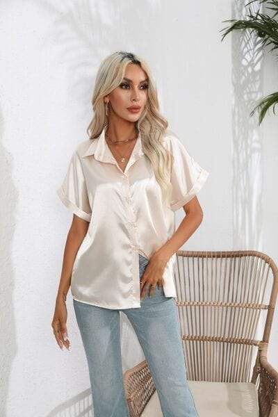 Collared Neck Short Sleeve Shirt - Trendsi - Flyclothing LLC