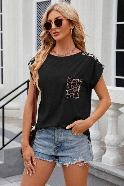 Leopard Round Neck Cap Sleeve T-Shirt - Trendsi - Flyclothing LLC