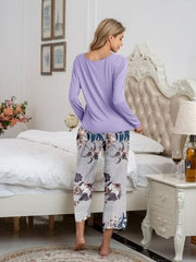 Round Neck Top and Printed Pants Lounge Set - Trendsi