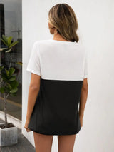 Color Block V-Neck Short Sleeve Tee - Trendsi - Flyclothing LLC