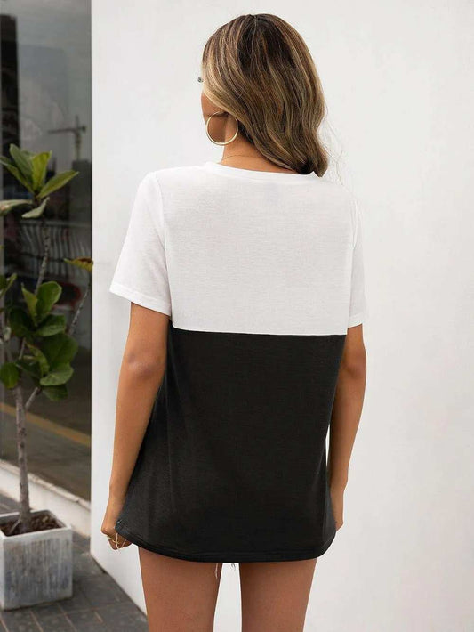 Color Block V-Neck Short Sleeve Tee - Trendsi - Flyclothing LLC
