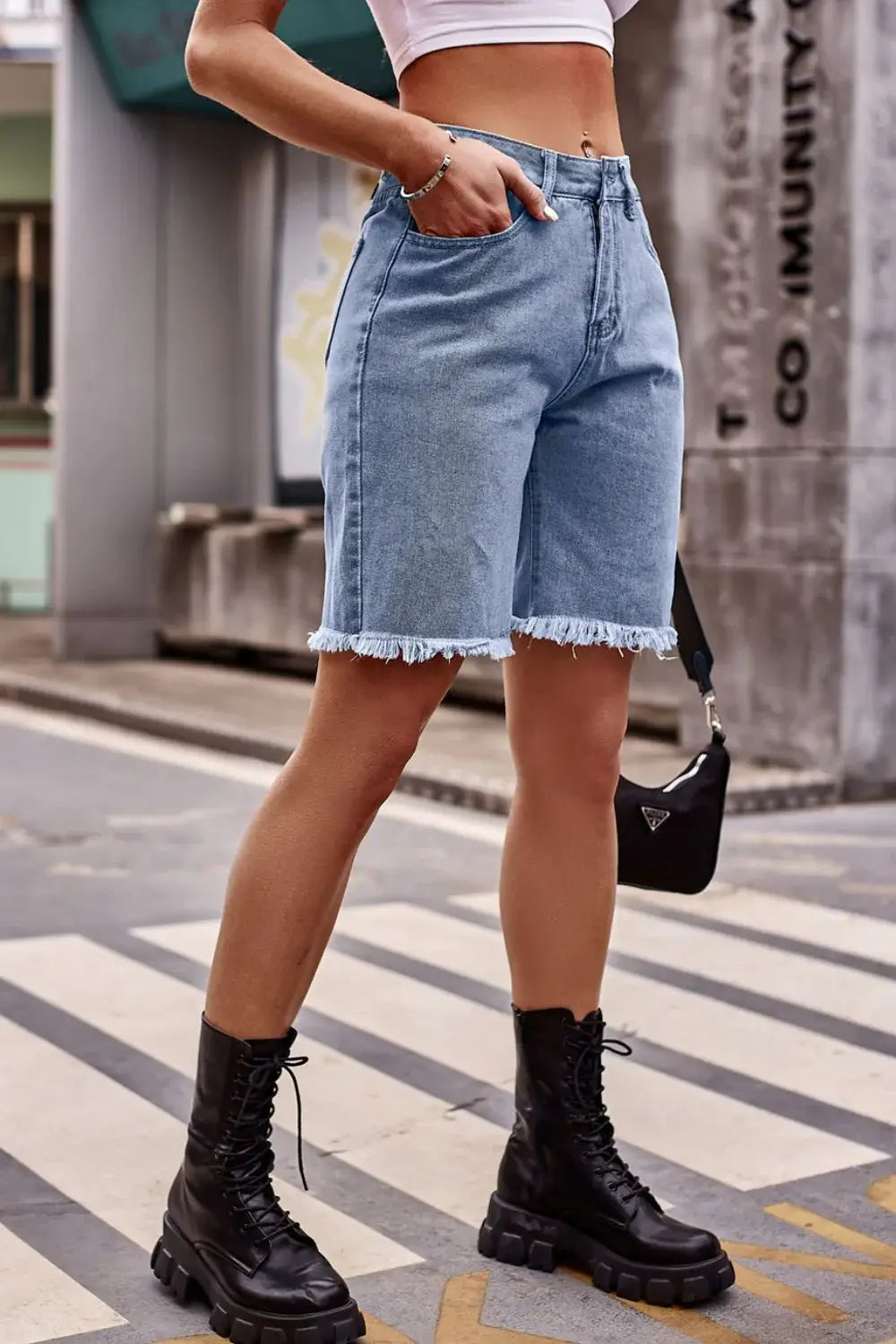 Raw Hem Denim Shorts with Pockets - Trendsi - Flyclothing LLC