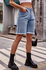 Raw Hem Denim Shorts with Pockets - Trendsi - Flyclothing LLC