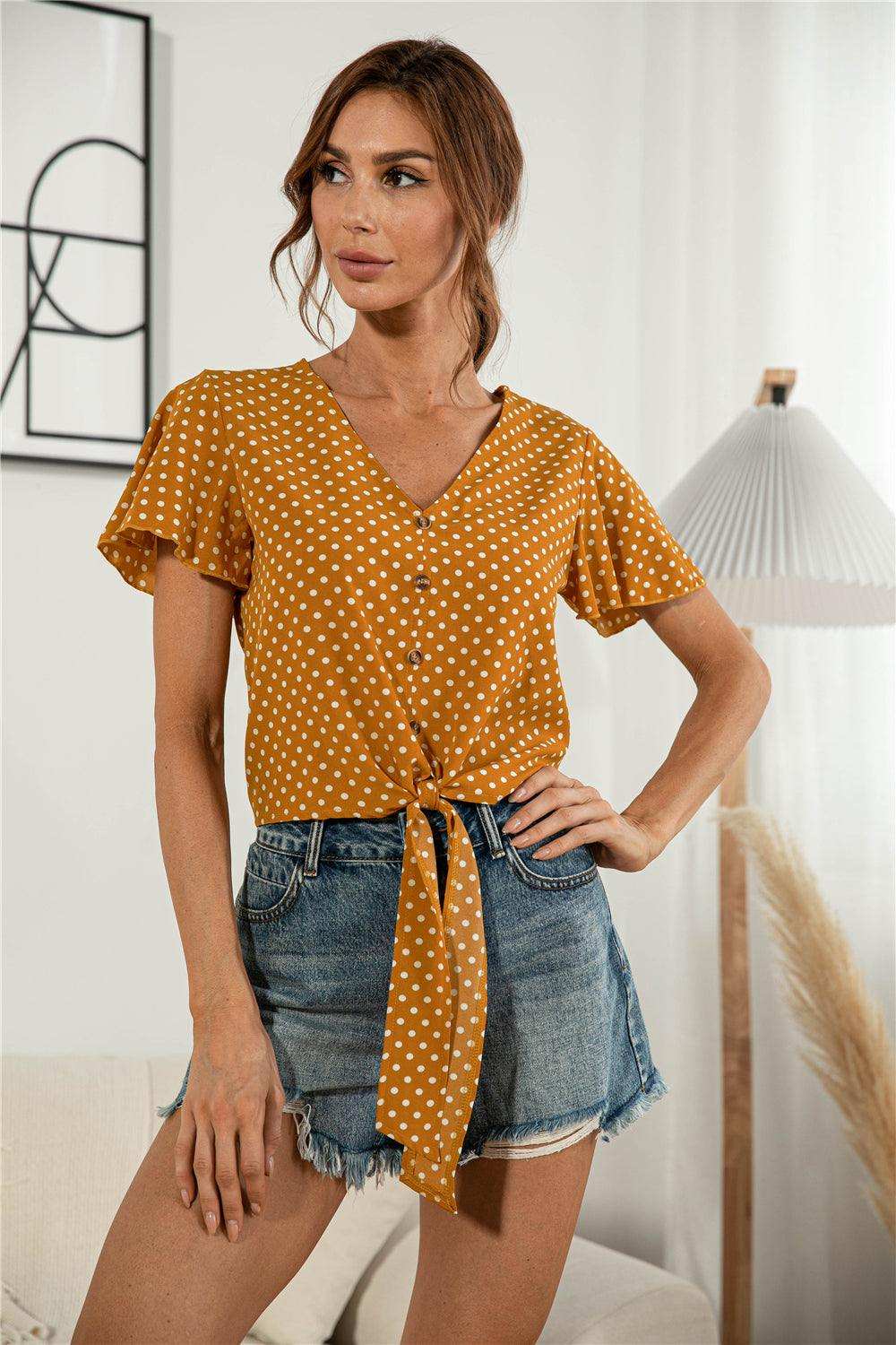 Decorative Button V-Neck Tied Blouse - Trendsi - Flyclothing LLC