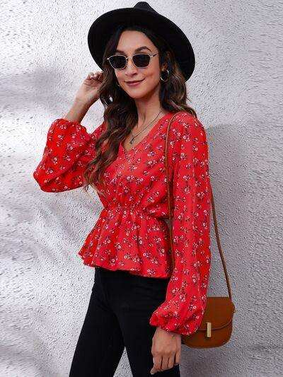 Floral V-Neck Balloon Sleeve Peplum Blouse - Trendsi - Flyclothing LLC