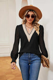 Contrast V-Neck Long Sleeve Blouse - Trendsi - Flyclothing LLC