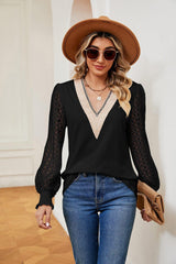 Contrast V-Neck Long Sleeve Blouse - Trendsi