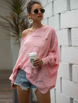 Full Size Boat Neck Lantern Sleeve Openwork Knit Top - Trendsi - Flyclothing LLC