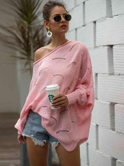 Full Size Boat Neck Lantern Sleeve Openwork Knit Top - Trendsi