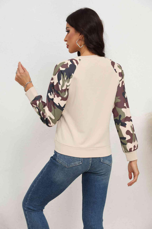 Camouflage Raglan Sleeve Sweatshirt - Trendsi