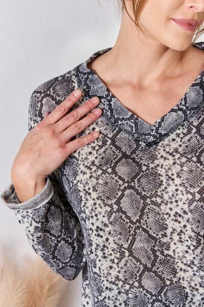 Hailey & Co Full Size Snakeskin V-Neck Long Sleeve Top - Trendsi