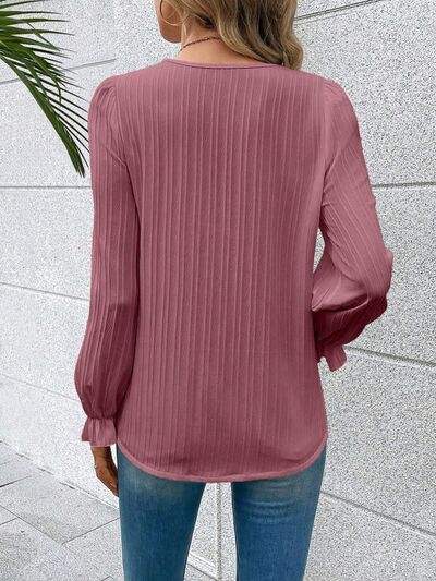 V-Neck Lace Detail Flounce Sleeve Blouse - Trendsi - Flyclothing LLC