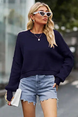 Round Neck Drop Shoulder Long Sleeve Sweater - Trendsi - Flyclothing LLC