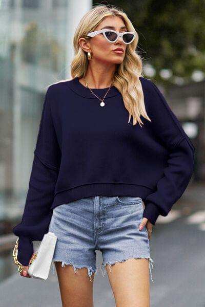 Round Neck Drop Shoulder Long Sleeve Sweater - Trendsi - Flyclothing LLC