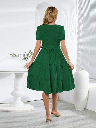 Smocked Tie Front Short Sleeve Tiered Dress - Trendsi - Flyclothing LLC