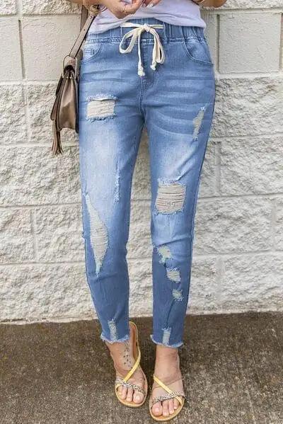 Drawstring Distressed Raw Hem Jeans with Pockets - Trendsi