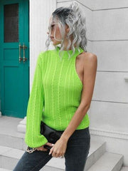 Cable-Knit Round Neck Asymmetrical Sweater - Trendsi