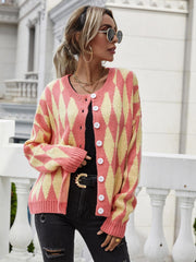 Argyle Button Front Drop Shoulder Cardigan - Trendsi