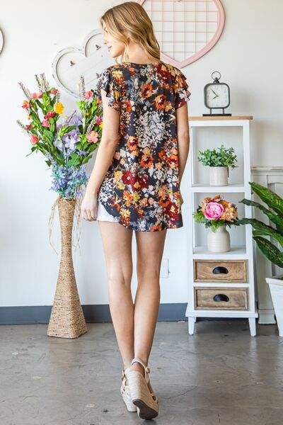 Heimish Full Size Ruffled Floral Round Neck Cap Sleeve Blouse - Trendsi - Flyclothing LLC
