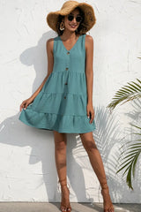 Decorative Button V-Neck Tiered Sleeveless Dress - Trendsi - Flyclothing LLC
