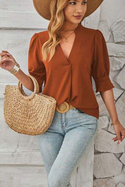 Notched Half Sleeve T-Shirt - Trendsi - Flyclothing LLC