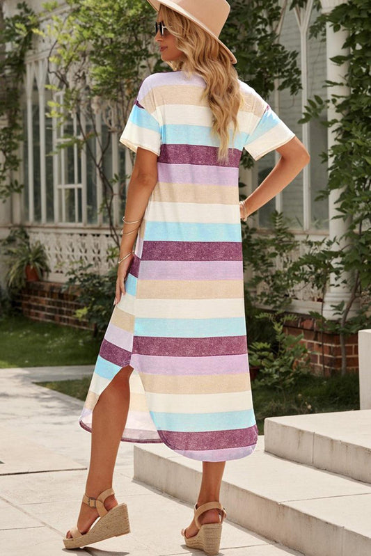 Striped V-Neck Curved Hem Midi Dress - Flyclothing LLC