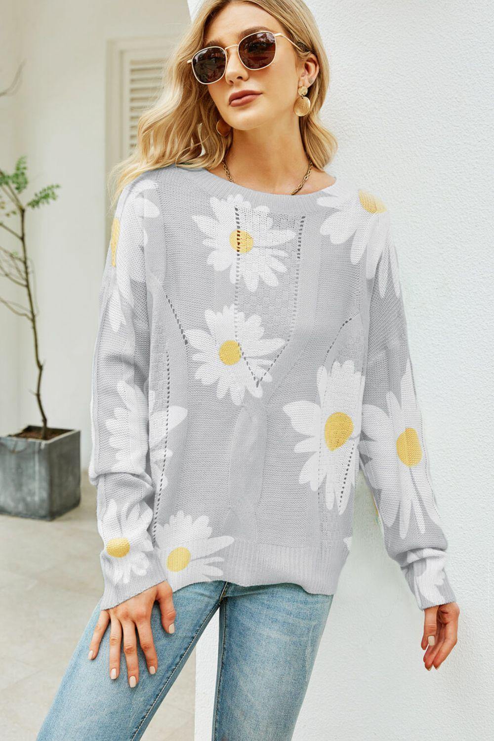 Daisy Print Openwork Round Neck Sweater - Trendsi