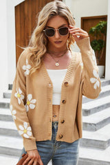 Floral Ribbed Trim Drop Shoulder Cardigan - Trendsi