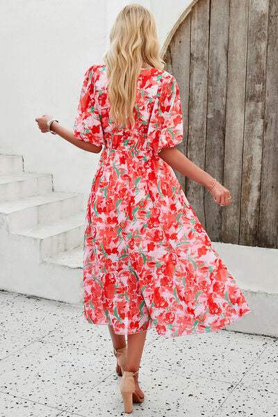 Smocked Printed V-Neck Short Sleeve Dress - Trendsi - Flyclothing LLC