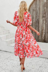 Smocked Printed V-Neck Short Sleeve Dress - Trendsi - Flyclothing LLC