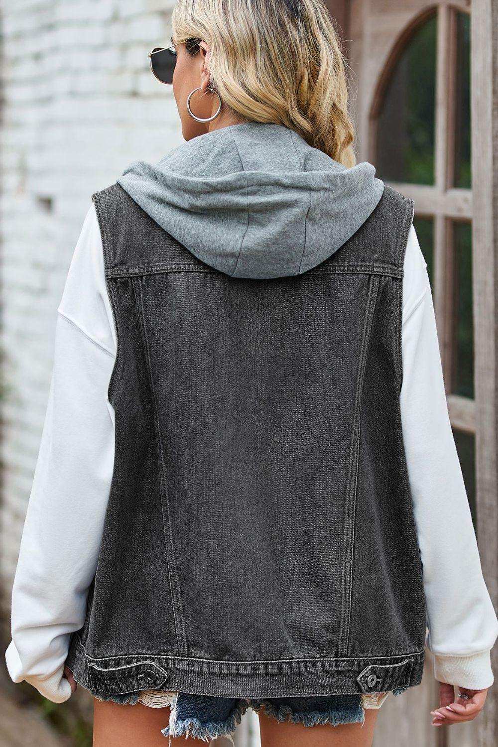Sleeveless Denim Top with A Detachable Hood - Trendsi - Flyclothing LLC