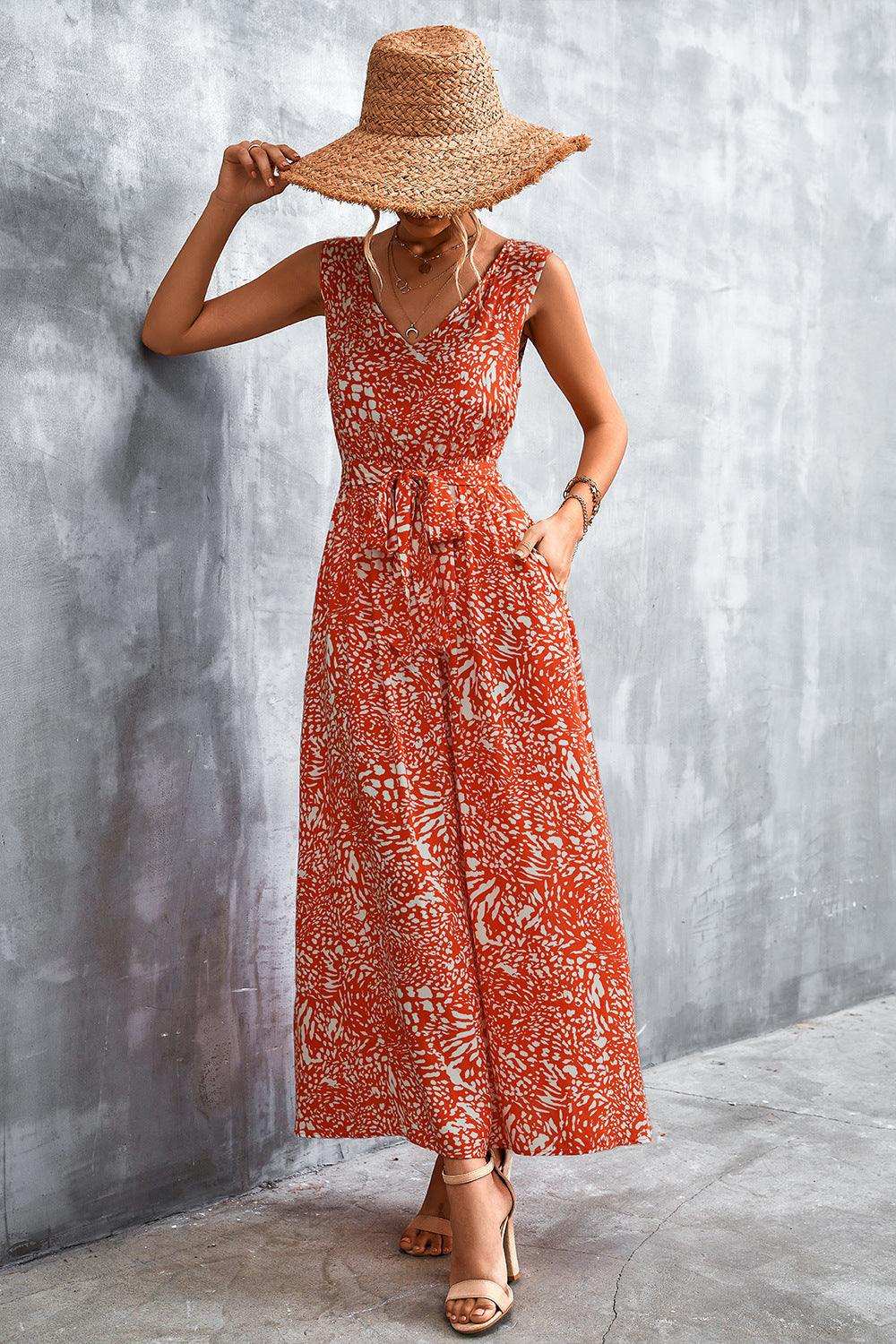 Printed V-Neck Tie Waist Maxi Dress - Trendsi - Flyclothing LLC