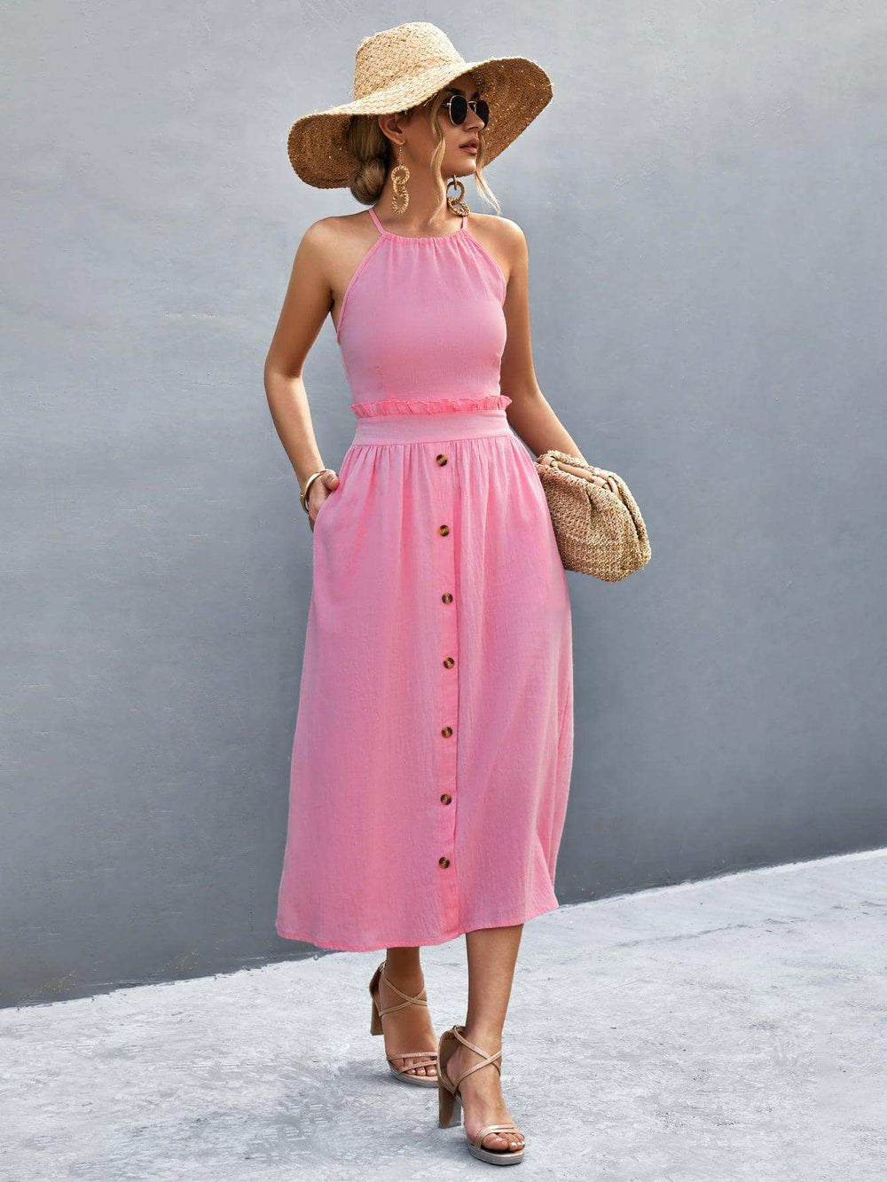 Buttoned Halter Neck Frill Trim Midi Dress - Trendsi - Flyclothing LLC