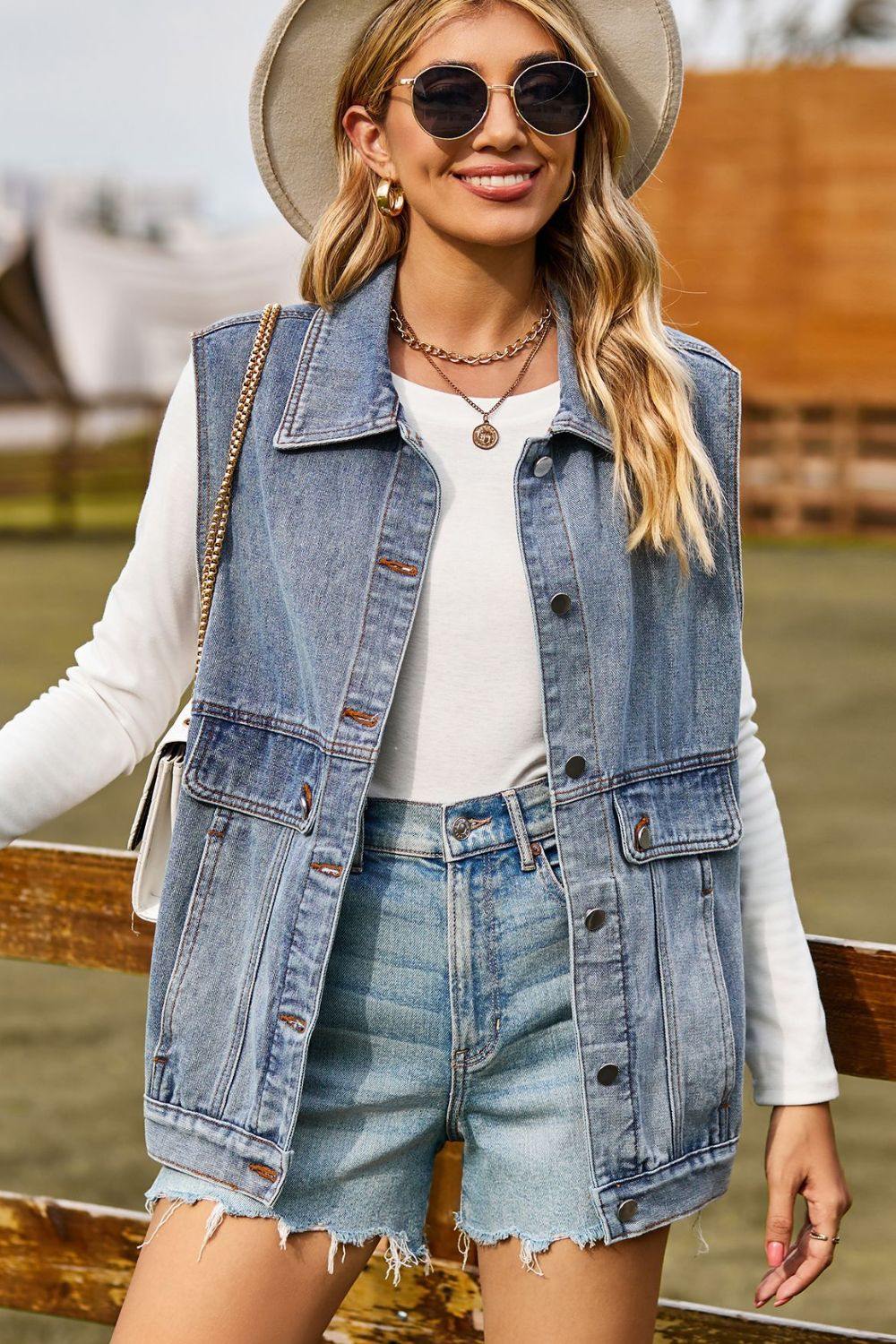 Sleeveless Collared Neck Denim Top with Pockets - Trendsi