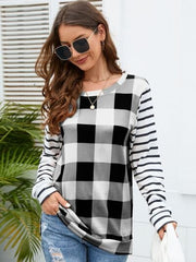 Plaid Striped Round Neck Long Sleeve T-Shirt - Trendsi