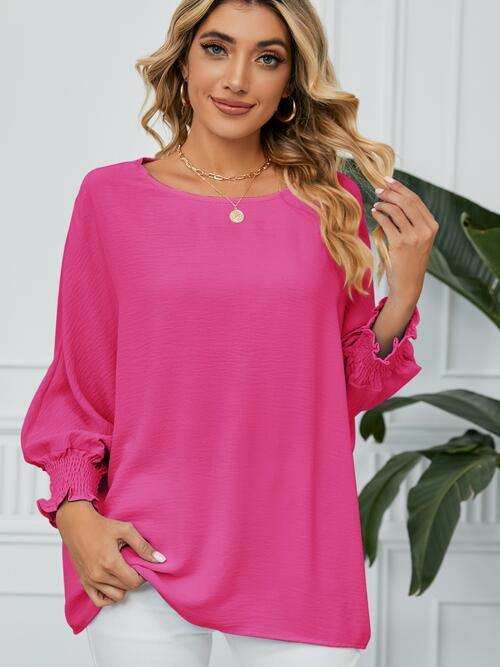 Smocked Lantern Sleeve Round Neck Blouse - Trendsi - Flyclothing LLC