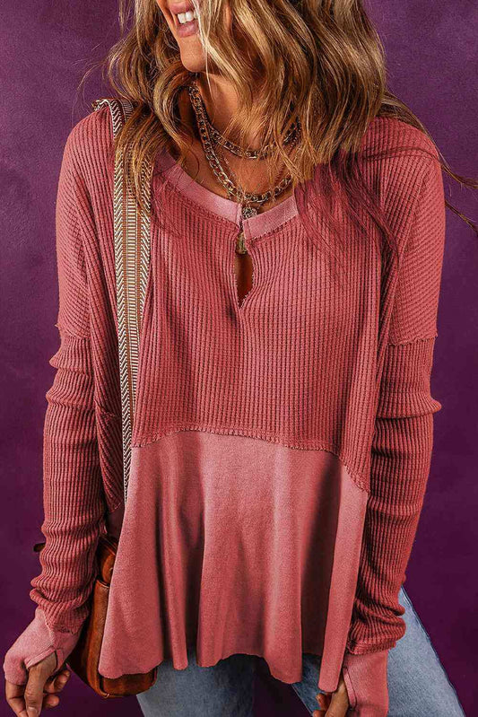 Notched Neck Long Sleeve Slit Blouse - Trendsi - Flyclothing LLC