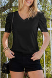 Puff Sleeve V-Neck Tee - Trendsi - Flyclothing LLC