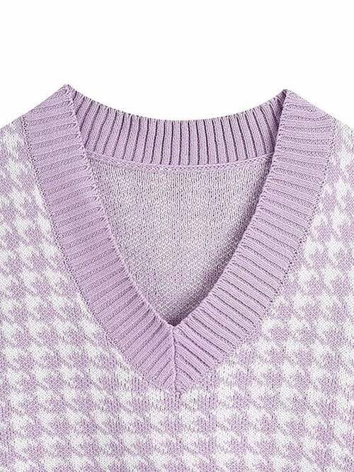 Houndstooth V-Neck Sweater Vet - Trendsi - Flyclothing LLC