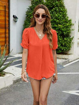 Ruched Short Sleeve V-Neck Blouse - Trendsi - Flyclothing LLC