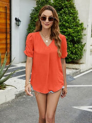 Ruched Short Sleeve V-Neck Blouse - Trendsi