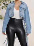 Tie Detail Button Up Denim Jacket with Pockets - Trendsi - Flyclothing LLC