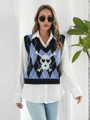 Skull Geometric V-Neck Sweater Vest - Flyclothing LLC