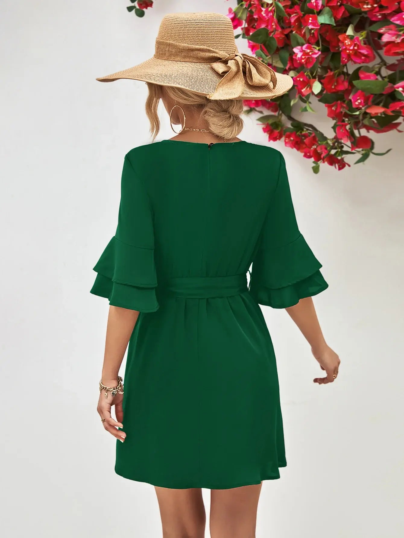 Round Neck Tie Belt Flounce Sleeve Dress - Trendsi - Flyclothing LLC